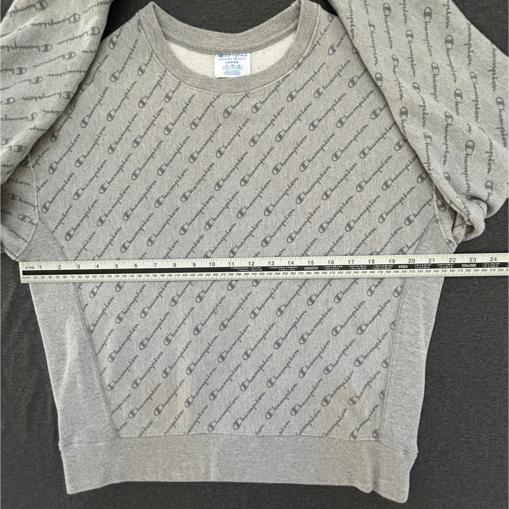 Champion Reverse Weave Womens Large Gray Allover Script Logo Crewneck Sweatshirt - Picture 10 of 11